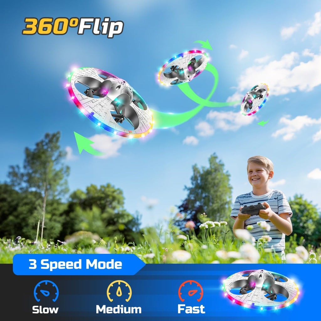 vFoam UFO Drone for Kids – RC Plane with Colorful LED Lights, Remote Control Helicopter with Auto Hover, 2 Batteries (15 Mins Flight)