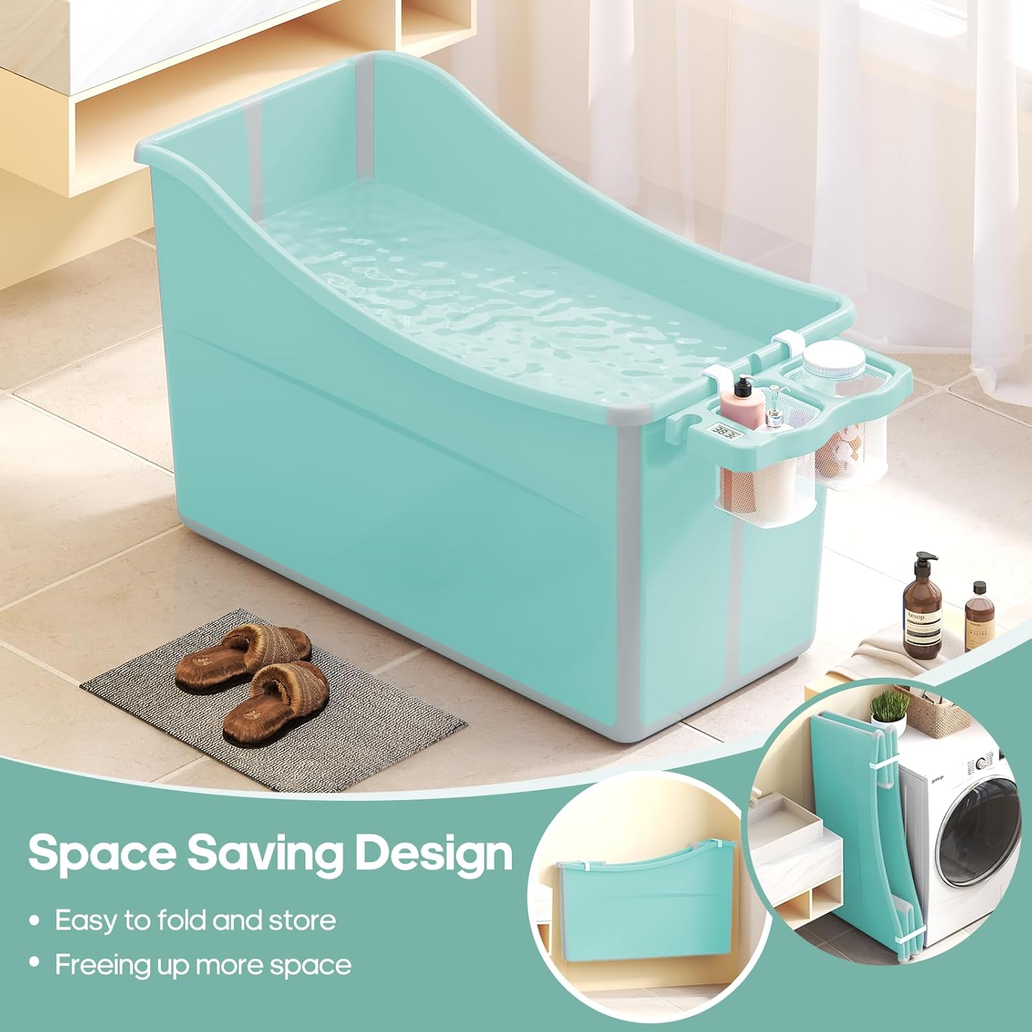 Collapsible Baby Bathtub Foldable Bathtub for Toddler Portable Large Foldable Bath Tub Bathtub for Kids Petite with Thermometer and Storage Basket (Pink)