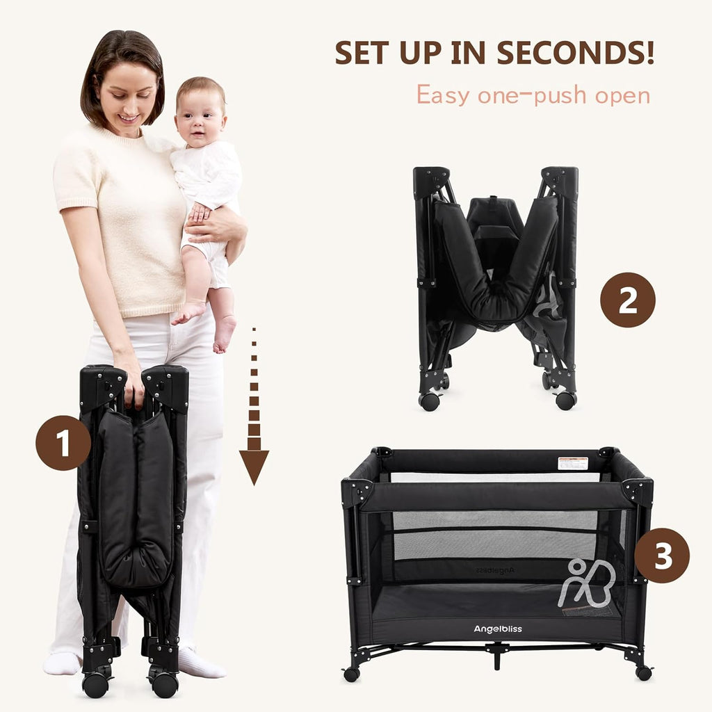 ANGELBLISS Baby Bassinet Bedside Crib, Pack and Play with Mattress, Diaper Changer, One-Push Setup Playards from Infants to Toddlers (Balck)
