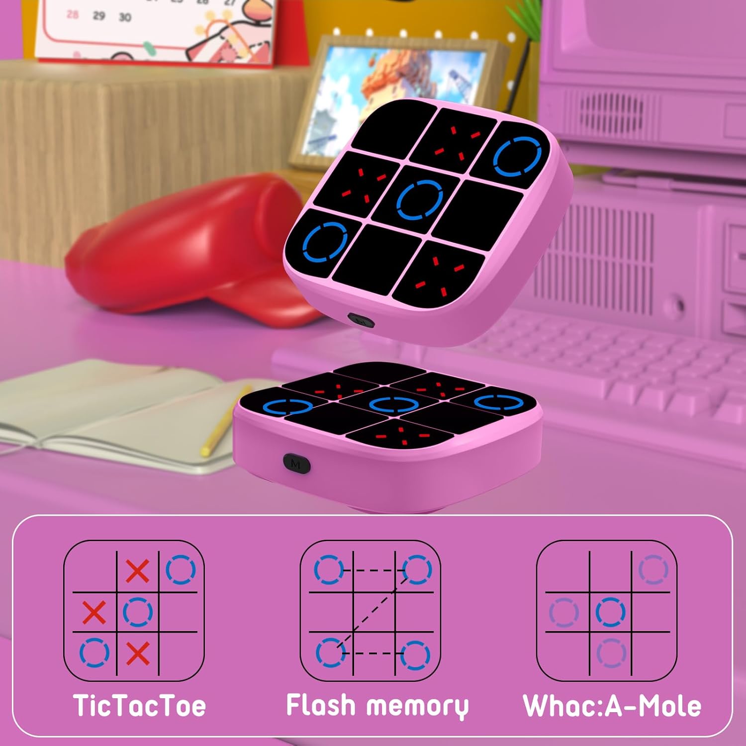 vTic-Tac-Toe Bolt Game, 4-in-1 Handheld Puzzle Games Console, Electronic Tic-Tac-Toe Game for Educational and Memory Growth, Portable Travel Games for Car Ride, Board Games for Kids and Adults (Pink)
