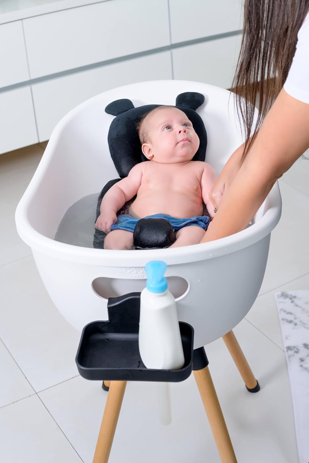 Babu Bath Luxury Baby Bathtub with Wooden Stand – 3-Stage Convertible, Ergonomic & Back-Saving Design (Black Bundle (Modern))v