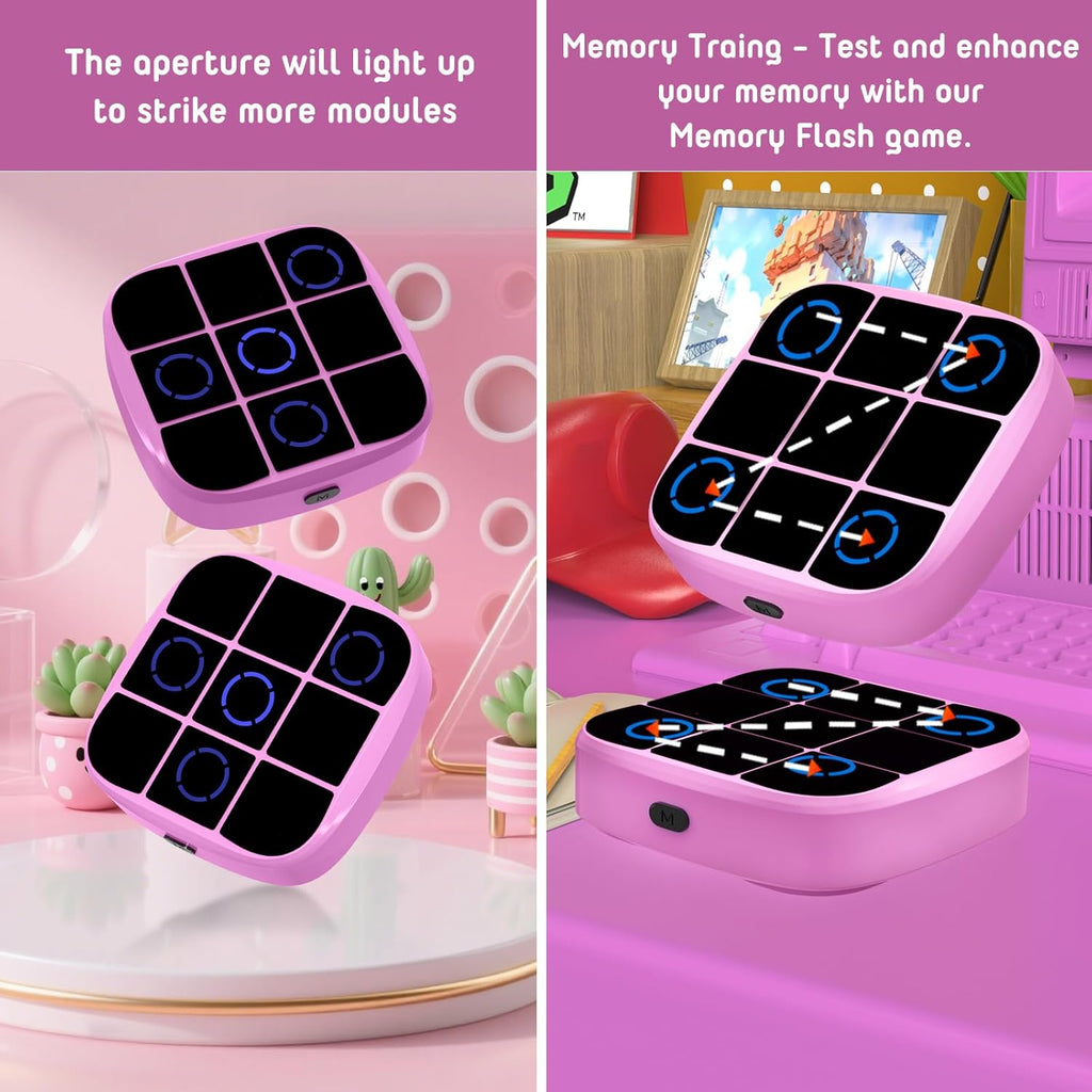 vTic-Tac-Toe Bolt Game, 4-in-1 Handheld Puzzle Games Console, Electronic Tic-Tac-Toe Game for Educational and Memory Growth, Portable Travel Games for Car Ride, Board Games for Kids and Adults (Pink)