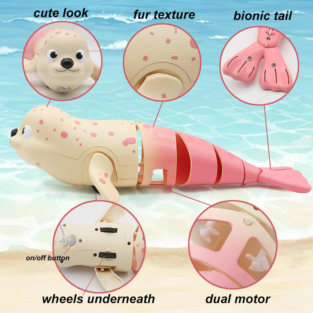 QUN XING Amphibious Remote Control Seal - 2.4Ghz Rechargeable Pool & Land Toy for Kids Ages 3-12, Waterproof Swimming & Crawling Robot with USB-C Charging,Cute Bath Toy for Toddlers & Boys Girls Pink