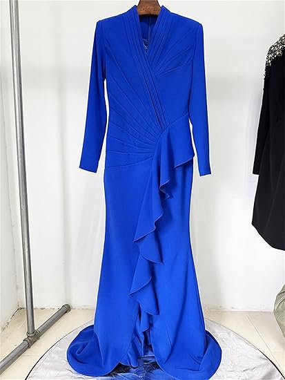 Brand: platlogy Women Formal Evening Gown Long Sleeve Neck Ruched High Slit Party Maxi Dress Female Prom Dresses