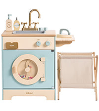 ROBUD Wooden Play Kitchen Set, Kids Toy Kitchen Set with Realistic Design, Utensils, Ice Maker, Fridge, Oven, Washer, Modern Style Play Kitchen with Accessories, Ideal Gift for