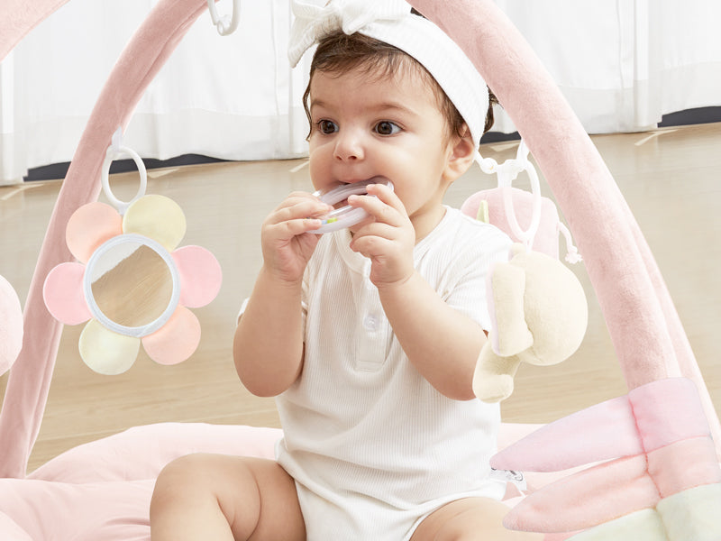 ANGELBLISS 5 in 1 Baby Play Gym Mat, Reversible Tummy Time Mat with 5 Sensory Toys for Stage-Based Developmental, Thick & Large Baby Activity Center from Newborn to Toddler (Pink)