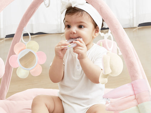 ANGELBLISS 5 in 1 Baby Play Gym Mat, Reversible Tummy Time Mat with 5 Sensory Toys for Stage-Based Developmental, Thick & Large Baby Activity Center from Newborn to Toddler (Pink)