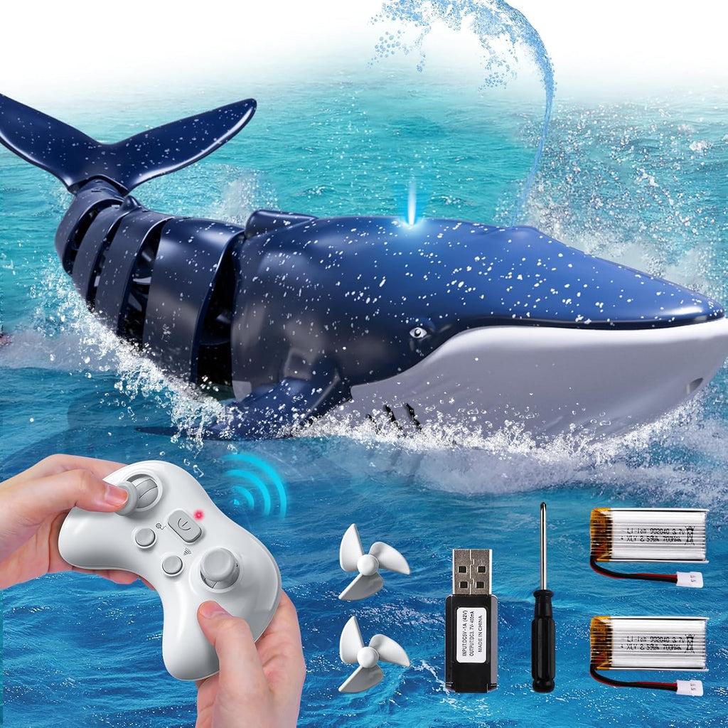 Remote Control Whale Shark Toys for Boys Kids, 1:18 Scale High Simulation Shark for Pool, 2.4Ghz Electric RC Shark Boat Fish Toys with Light & Spray, Toy Shark Gifts for 6 7 8 9 Year olds Kid Boy Girl