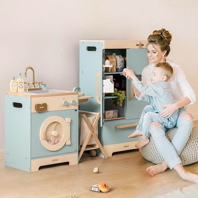 ROBUD Wooden Play Kitchen Set, Kids Toy Kitchen Set with Realistic Design, Utensils, Ice Maker, Fridge, Oven, Washer, Modern Style Play Kitchen with Accessories, Ideal Gift for