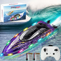 Remote Control Boat Toys-2.4GHz 20KPH with 2 Rechargeable Batteries-3 LED Light Modes 200 Feet RC Distance-Rechargeable Waterproof RC Boat-Best Pool Lake Water for Kids Adults(Purple)