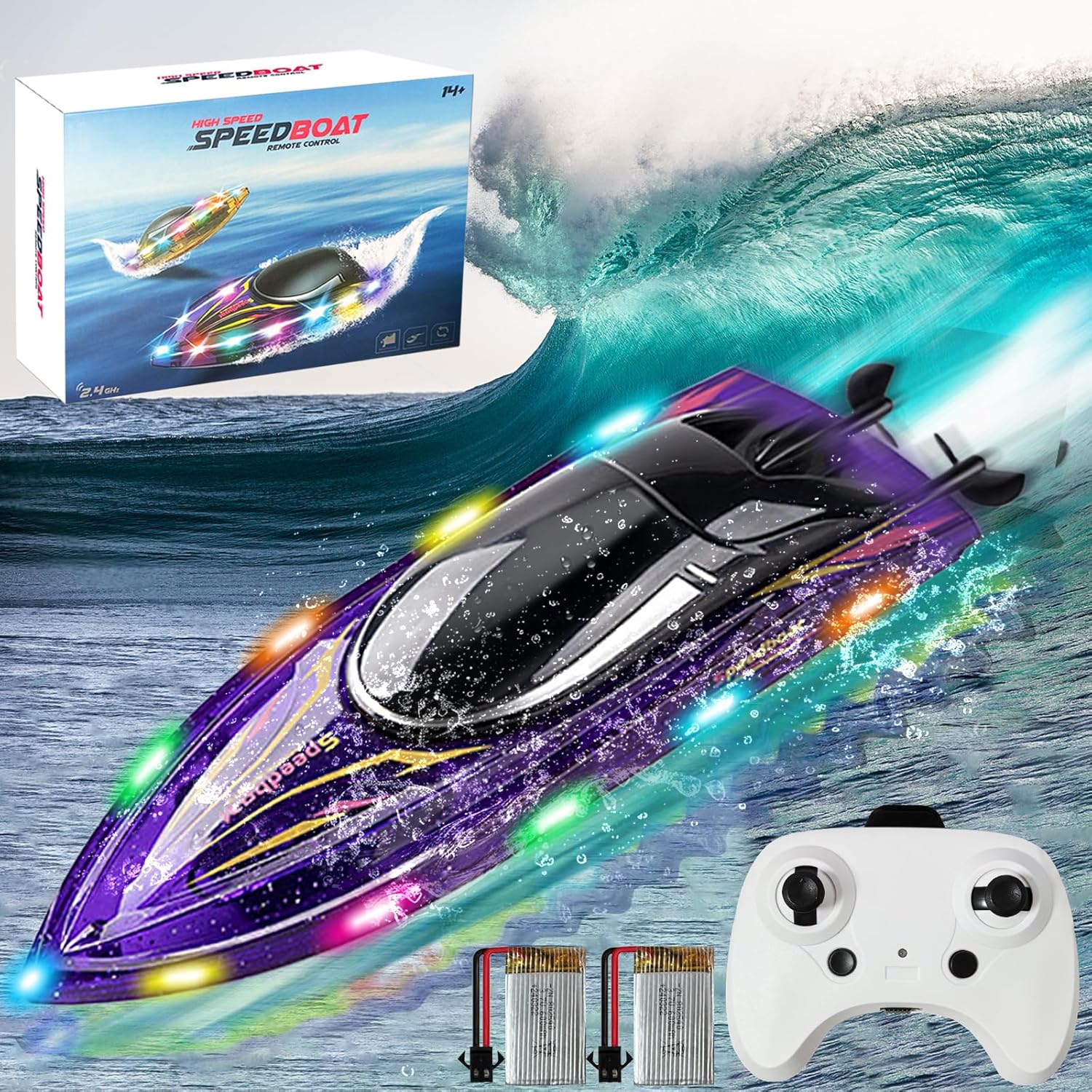 Remote Control Boat Toys-2.4GHz 20KPH with 2 Rechargeable Batteries-3 LED Light Modes 200 Feet RC Distance-Rechargeable Waterproof RC Boat-Best Pool Lake Water for Kids Adults(Purple)