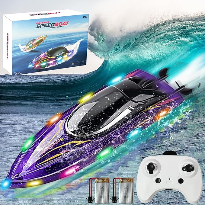 Remote Control Boat Toys-2.4GHz 20KPH with 2 Rechargeable Batteries-3 LED Light Modes 200 Feet RC Distance-Rechargeable Waterproof RC Boat-Best Pool Lake Water for Kids Adults(Purple)