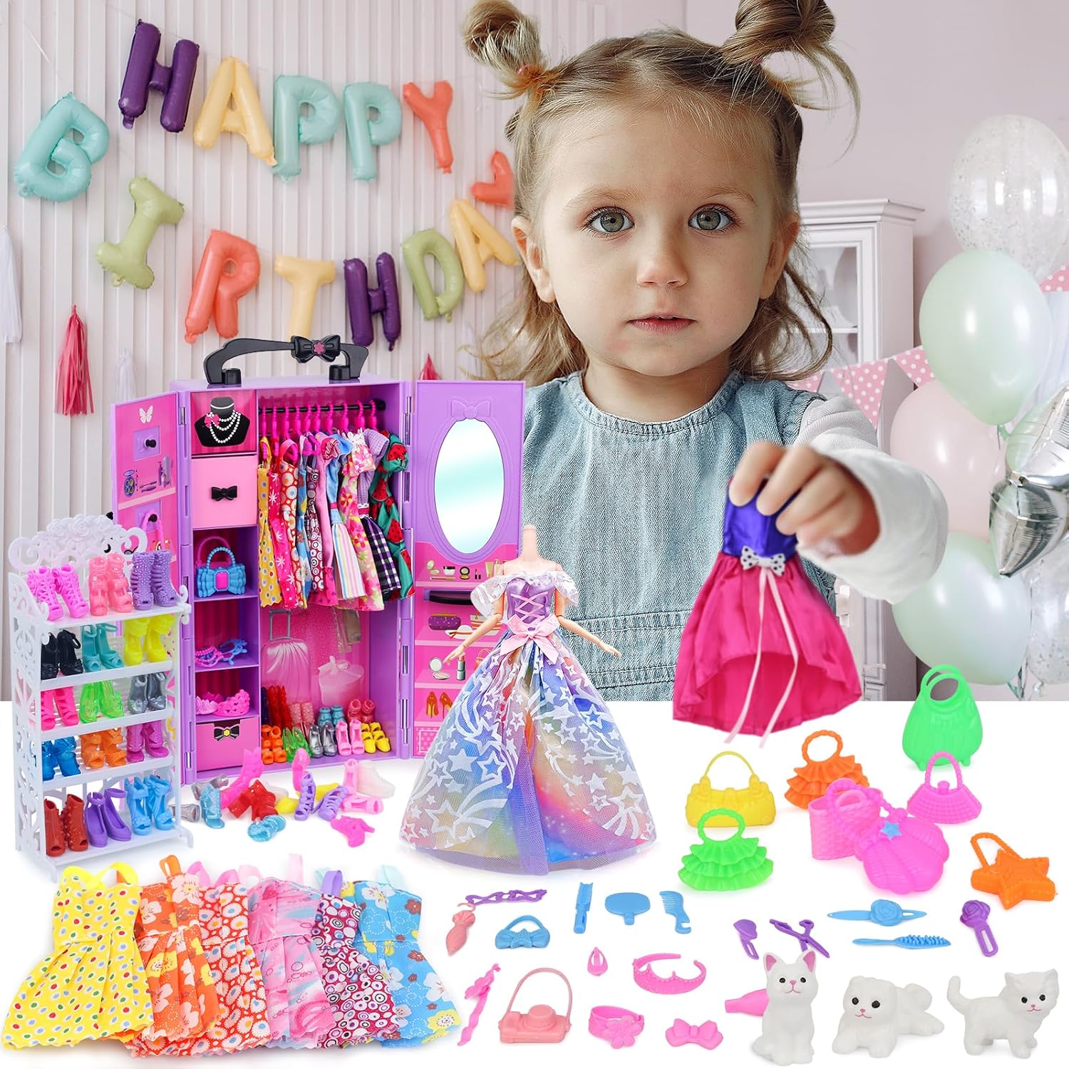 Girl Doll Clothes and Accessories Closet Wardrobe with Dresses, Shoes and Other Girl Stuff for 11.5 Inch Clothes as Gift Present for Children (NOT Include Doll)