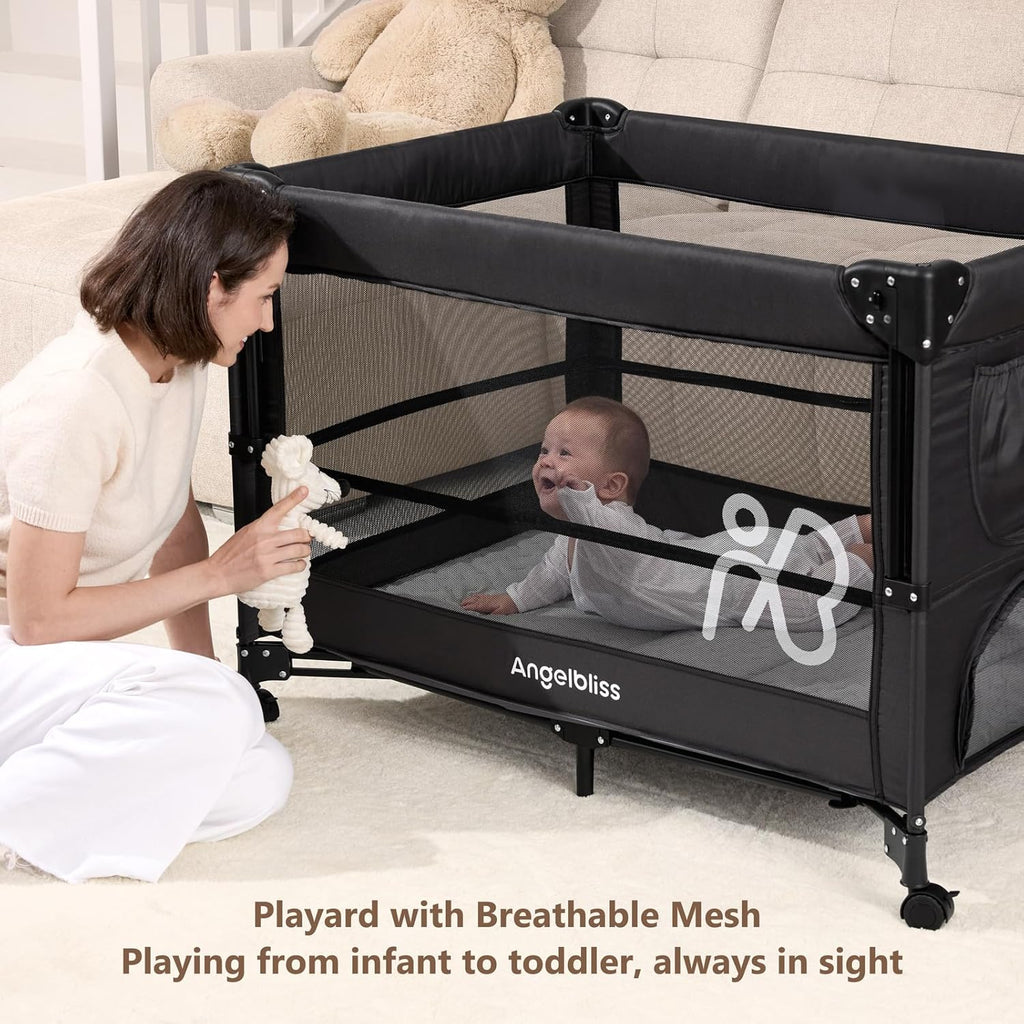 ANGELBLISS Baby Bassinet Bedside Crib, Pack and Play with Mattress, Diaper Changer, One-Push Setup Playards from Infants to Toddlers (Balck)