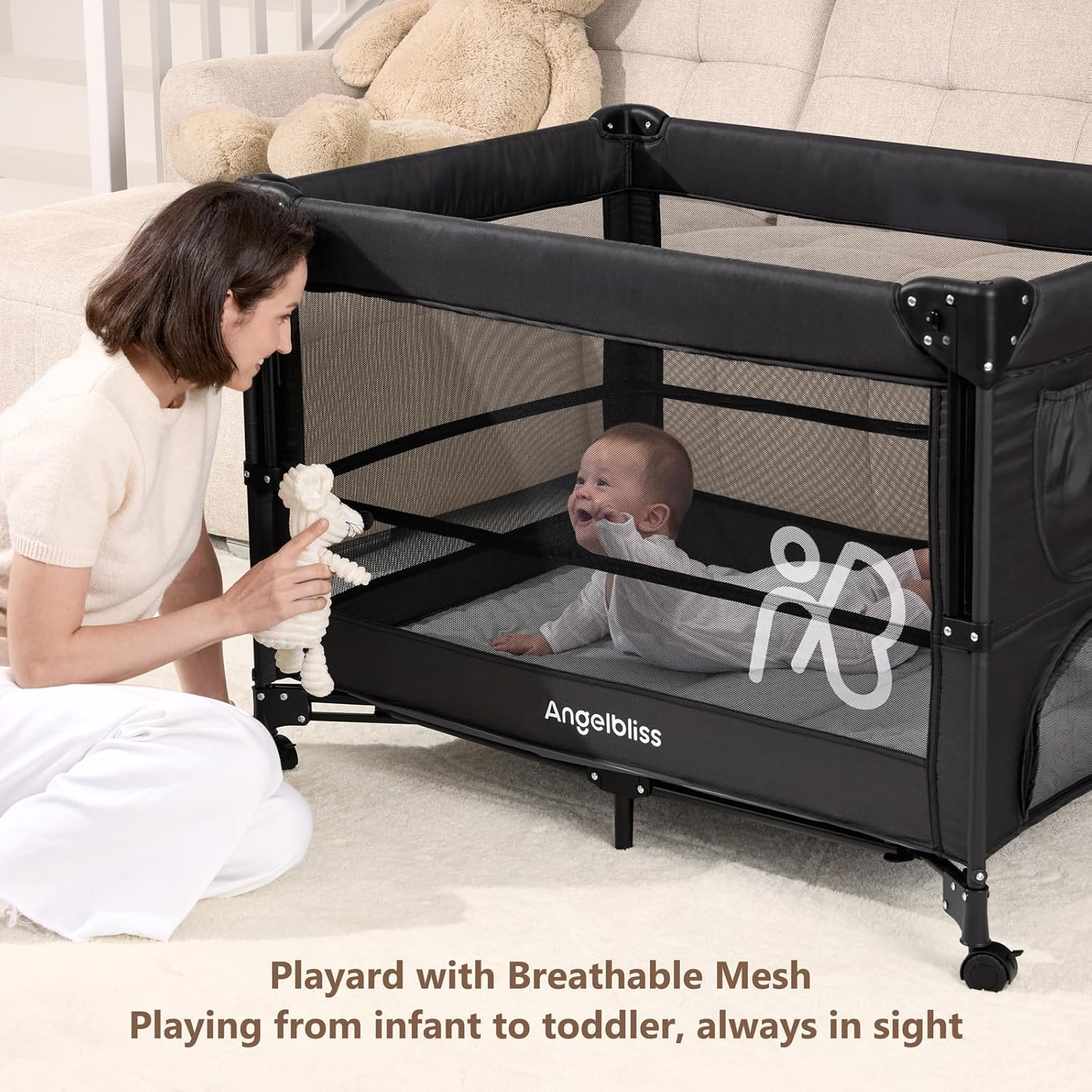 ANGELBLISS Baby Bassinet Bedside Crib, Pack and Play with Mattress, Diaper Changer, One-Push Setup Playards from Infants to Toddlers (Balck)