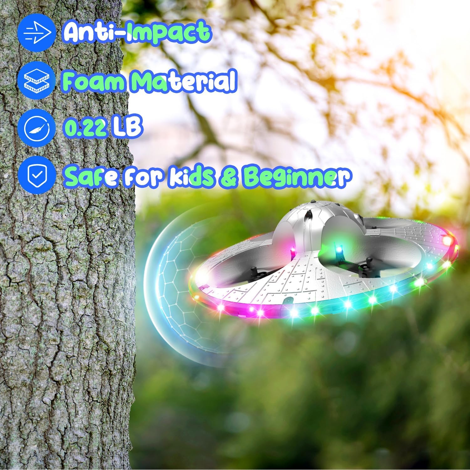 vFoam UFO Drone for Kids – RC Plane with Colorful LED Lights, Remote Control Helicopter with Auto Hover, 2 Batteries (15 Mins Flight)