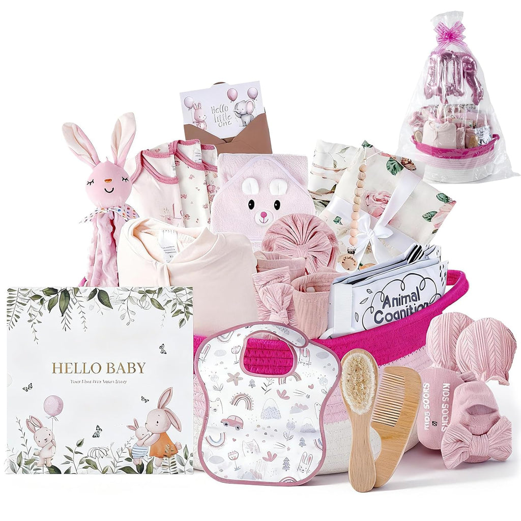 25-Pcs Luxury Baby Girl \ boy  Gift Basket Set, Pink (0-12M Newborn) | Premium Baby Shower Gifts with Keepsake Memory Book. Ultimate Newborn Essentials in Woven Basket for Unforgettable Welcome Mom Gift