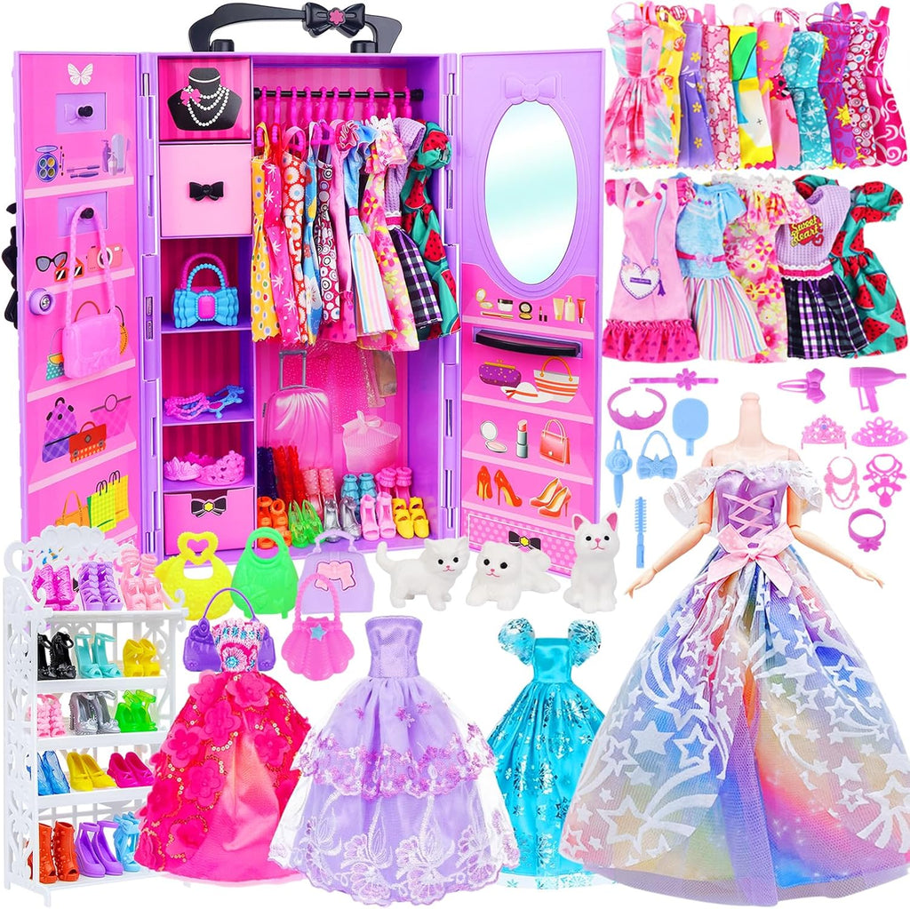 Girl Doll Clothes and Accessories Closet Wardrobe with Dresses, Shoes and Other Girl Stuff for 11.5 Inch Clothes as Gift Present for Children (NOT Include Doll)