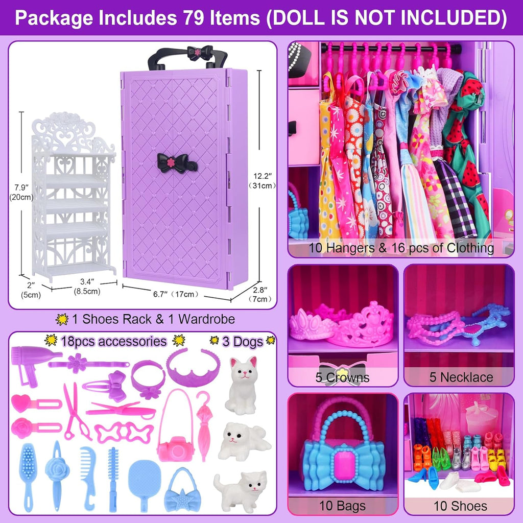 Girl Doll Clothes and Accessories Closet Wardrobe with Dresses, Shoes and Other Girl Stuff for 11.5 Inch Clothes as Gift Present for Children (NOT Include Doll)