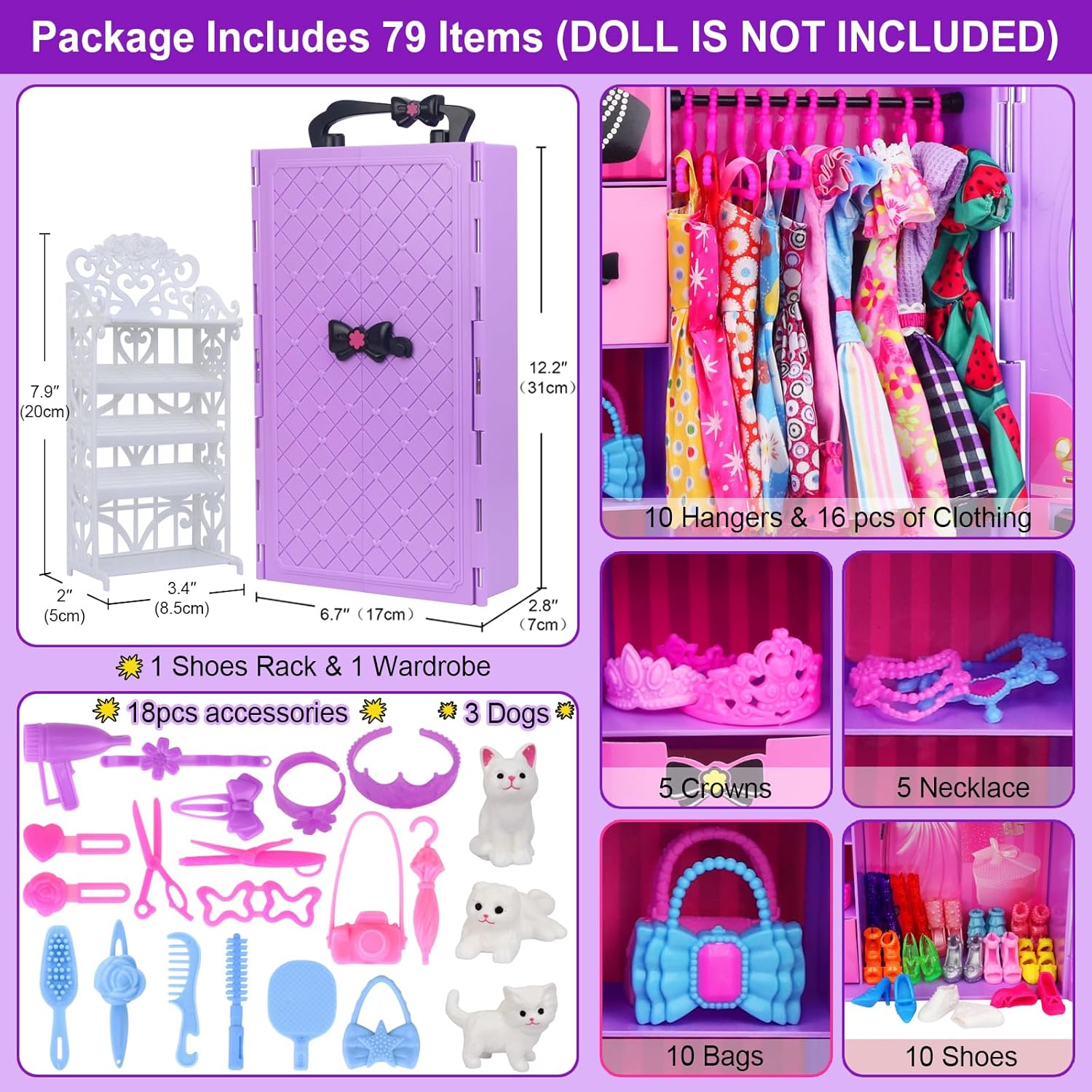 Girl Doll Clothes and Accessories Closet Wardrobe with Dresses, Shoes and Other Girl Stuff for 11.5 Inch Clothes as Gift Present for Children (NOT Include Doll)