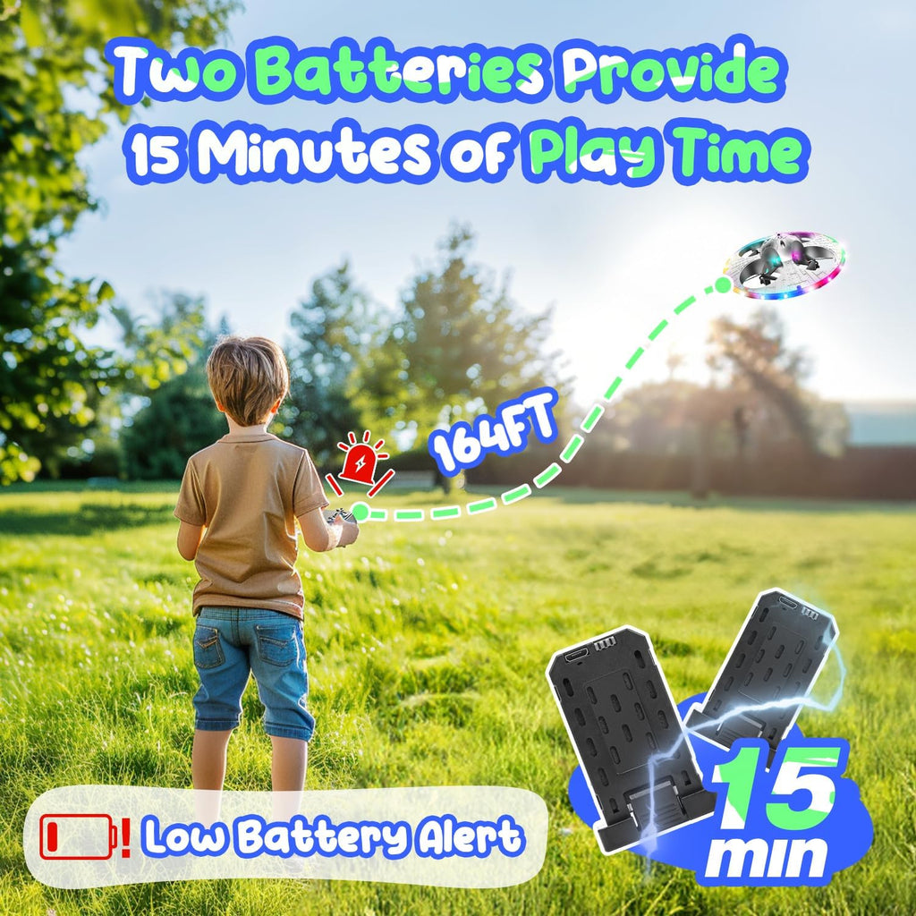 vFoam UFO Drone for Kids – RC Plane with Colorful LED Lights, Remote Control Helicopter with Auto Hover, 2 Batteries (15 Mins Flight)