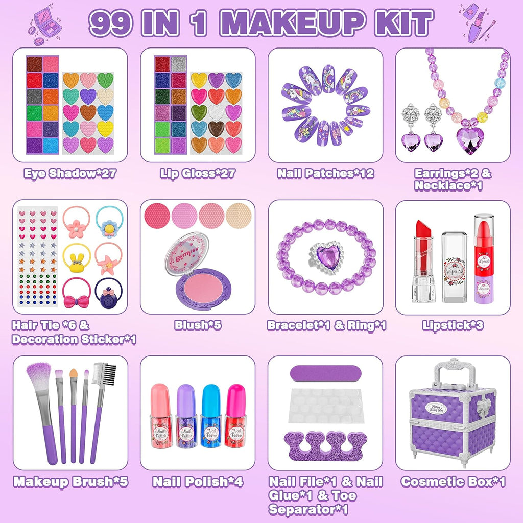 v99 Pcs Kids Makeup Kit for Girls, Princess Toys Real Washable Cosmetics Set with Mirror, Hair Ties, Nails, Rings, Earrings, Necklace, Perfect for 3 4 5 6 7 8 Year Old Girls Birthday