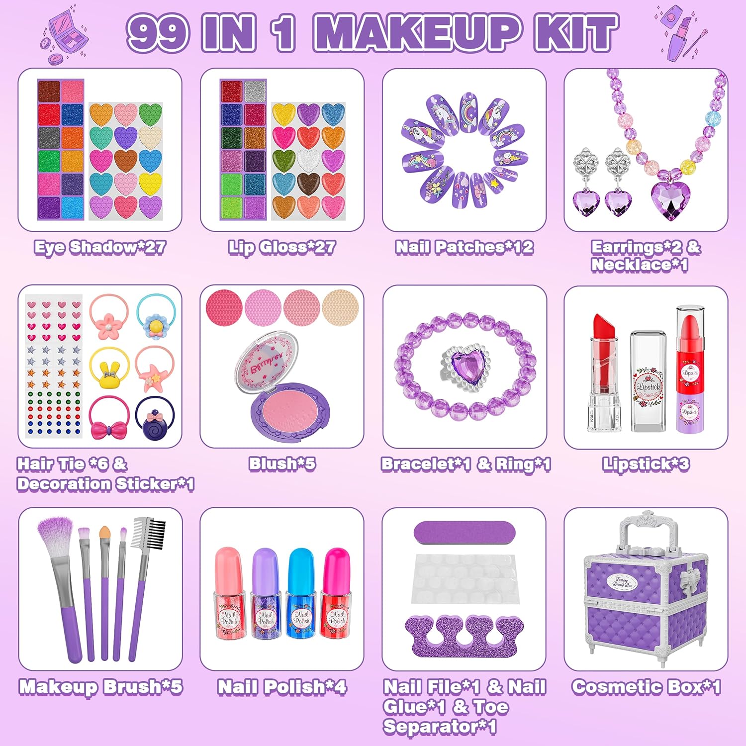 v99 Pcs Kids Makeup Kit for Girls, Princess Toys Real Washable Cosmetics Set with Mirror, Hair Ties, Nails, Rings, Earrings, Necklace, Perfect for 3 4 5 6 7 8 Year Old Girls Birthday