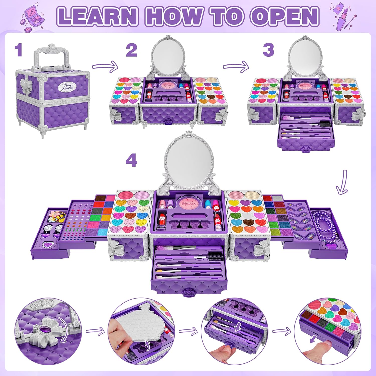 v99 Pcs Kids Makeup Kit for Girls, Princess Toys Real Washable Cosmetics Set with Mirror, Hair Ties, Nails, Rings, Earrings, Necklace, Perfect for 3 4 5 6 7 8 Year Old Girls Birthday